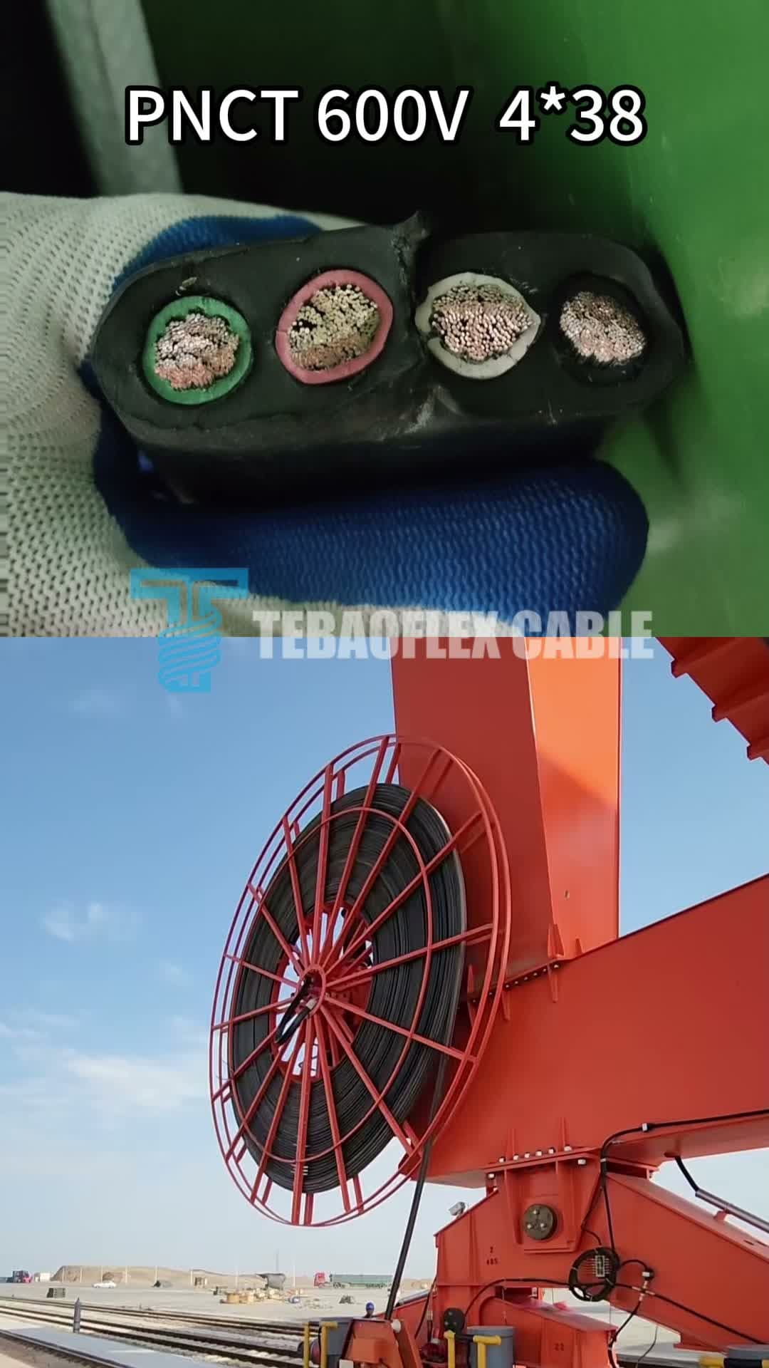 Cut end of a black rubber-sheathed cable showing four colored conductor cores (green, pink/red, white, black) held in a gloved hand, on-screen label reading "PNCT 600V 4*38"