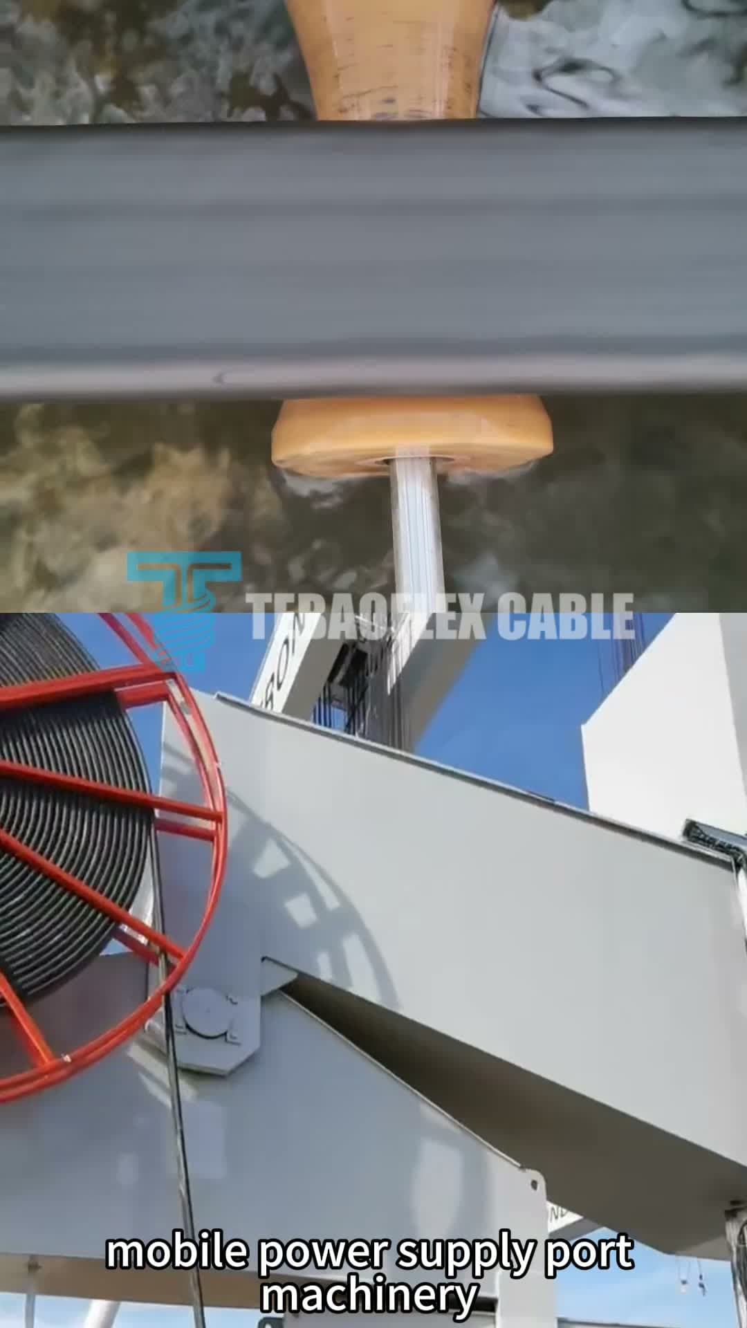 A red cable reel spooled with black cable, mounted on a light-gray crane boom structure against blue sky, on-screen text reading "mobile power supply port machinery"