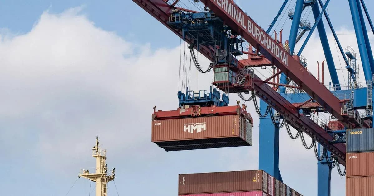Festoon cable loops running along the boom of a ship-to-shore crane as it lifts a container