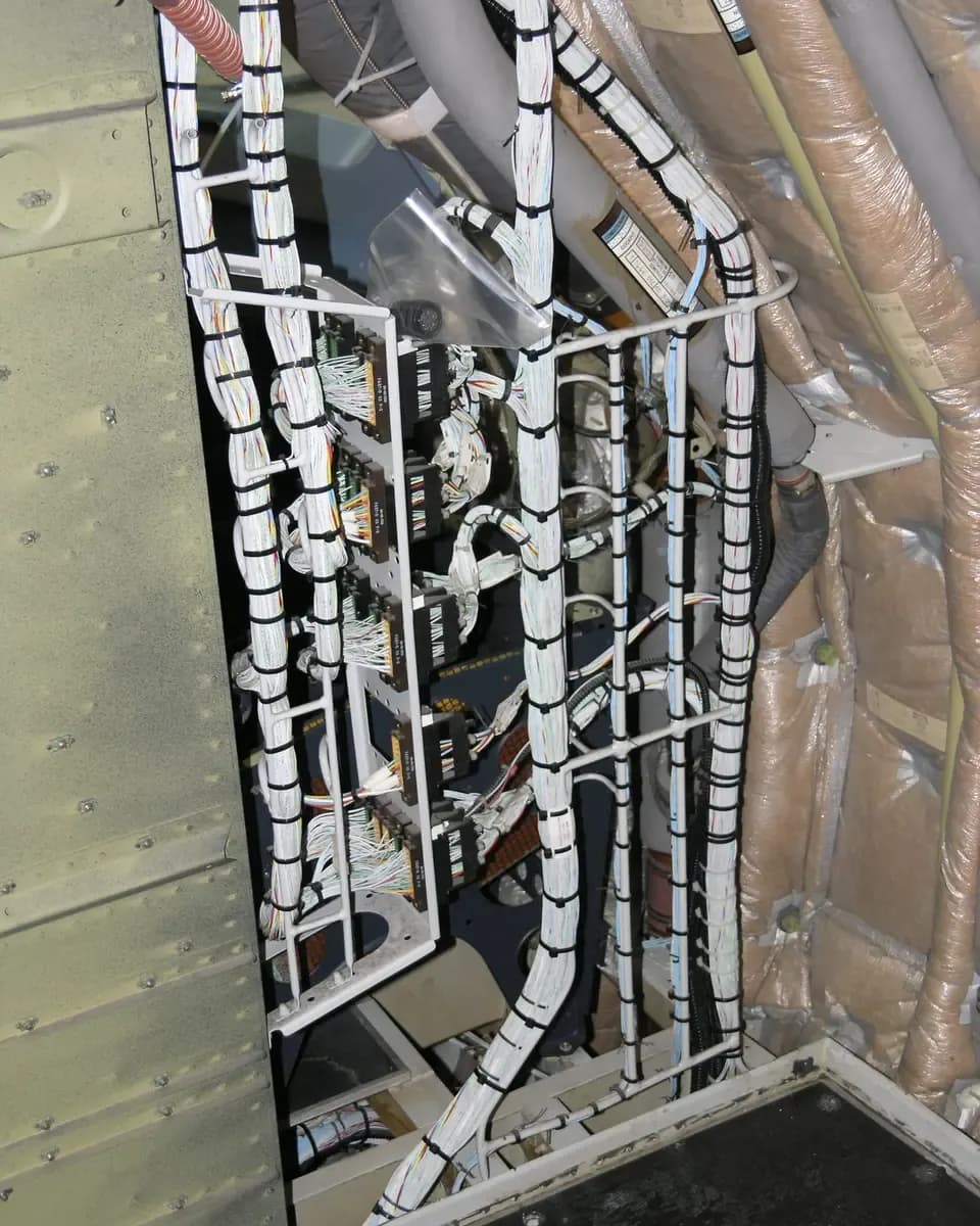 Cable groups behind the cockpit of an Airbus A320 during a maintenance check