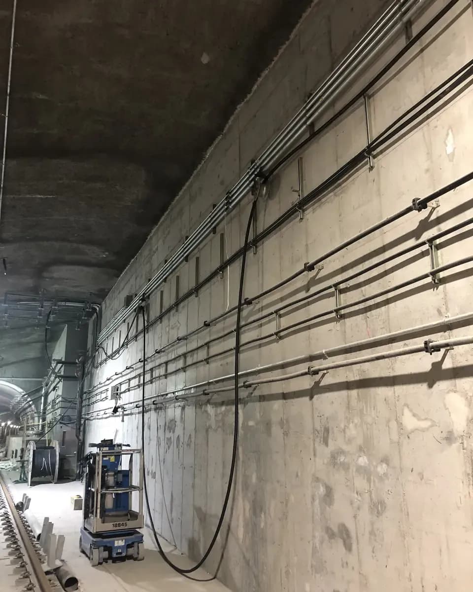 Cables fixed along the concrete wall of a tunnel, with a cable drum and a mobile work platform beside the track