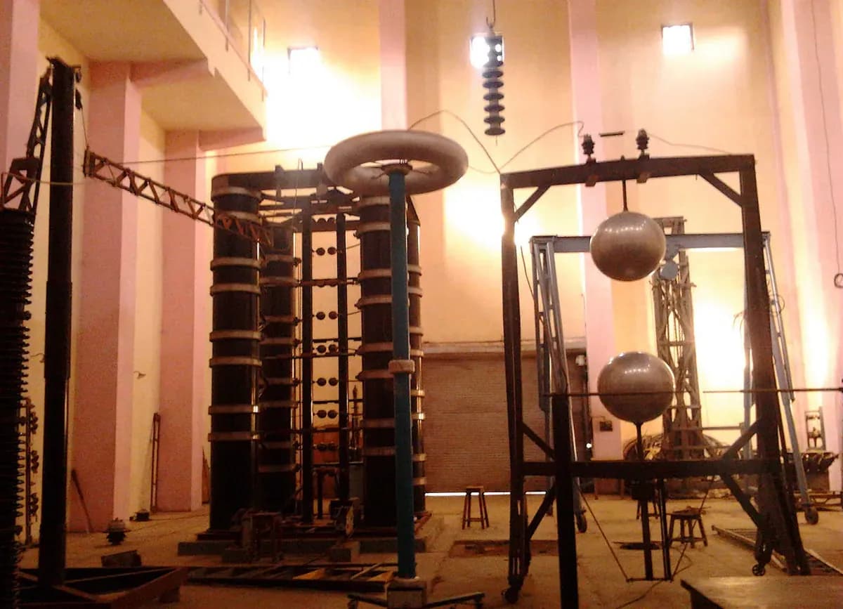 An impulse voltage generator with stacked capacitor columns and a large toroid beside a sphere gap in a high-voltage laboratory hall