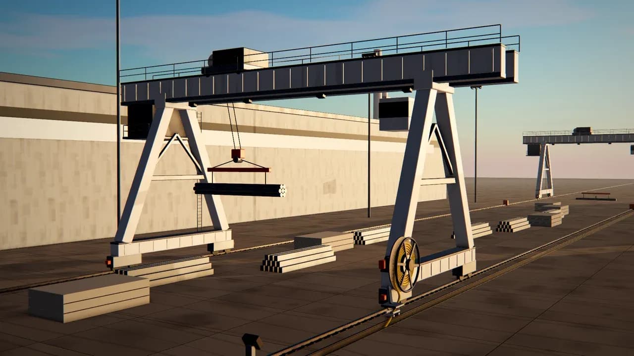 3D illustration of a rail-mounted gantry crane with a motorized cable reel in a steel yard at sunset