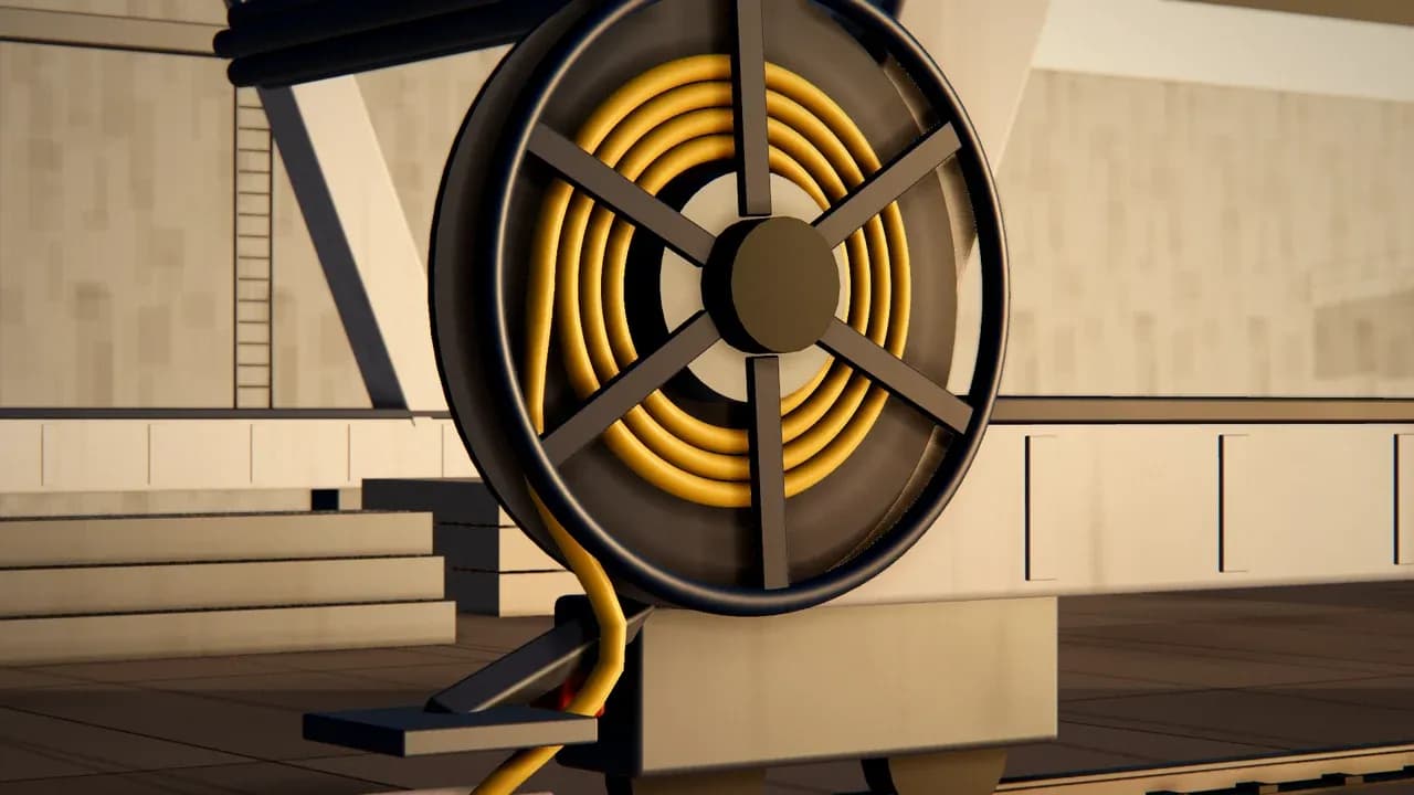 3D illustration of a motorized cable reel on a gantry crane paying out a yellow (N)SHTÖU-J reeling cable