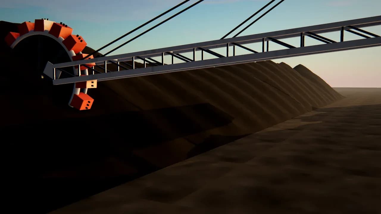3D illustration of a bucket-wheel stacker-reclaimer boom over a coal stockpile