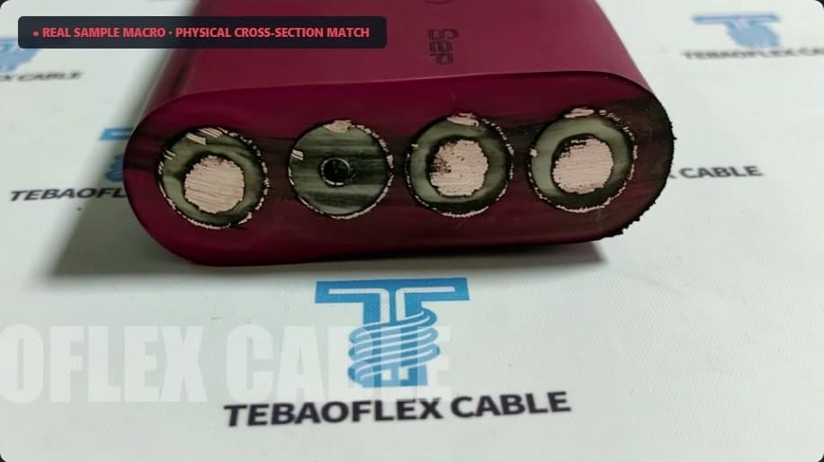 Macro photo of a dark-red flat cable end face showing four units in a row: three copper cores and one fiber unit