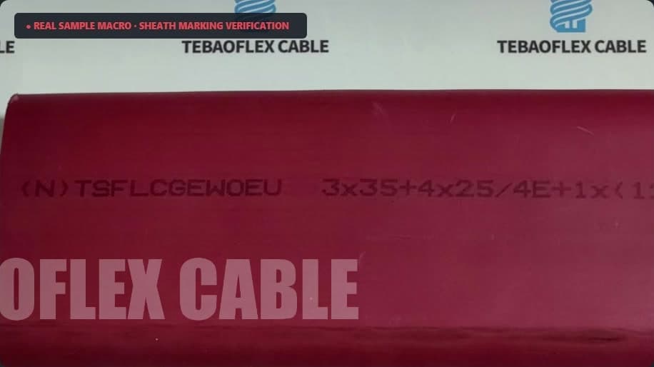 Close-up of a red cable sheath with printed text reading (N)TSFLCGEWOEU 3x35+4x25/4E+1x
