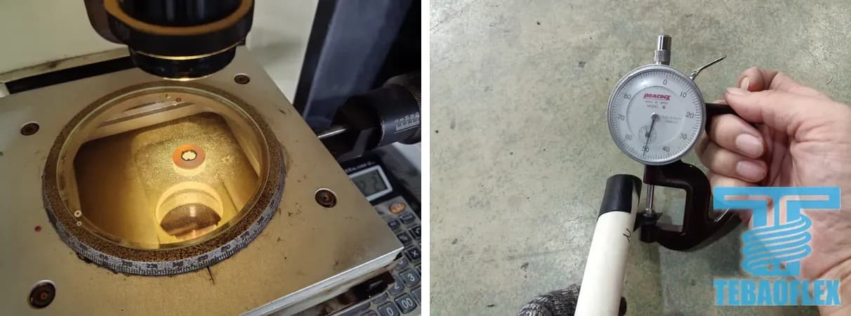 On the left a measuring projector with a thin cable slice on its stage, on the right a dial thickness gauge measuring the screen on a white-insulated core