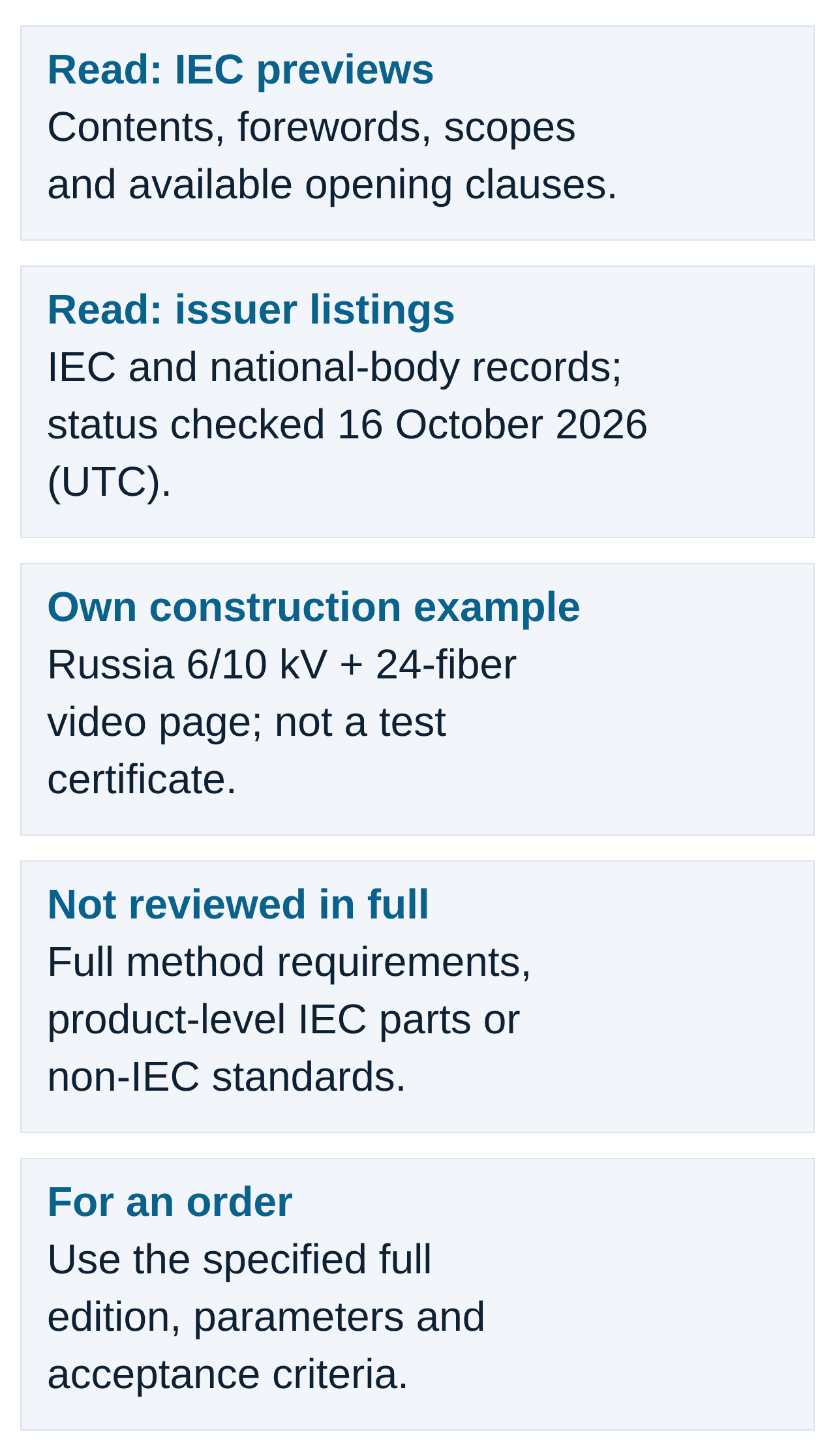 Evidence reviewed and limits: IEC previews, issuer records and the Russia construction example, not full qualification evidence