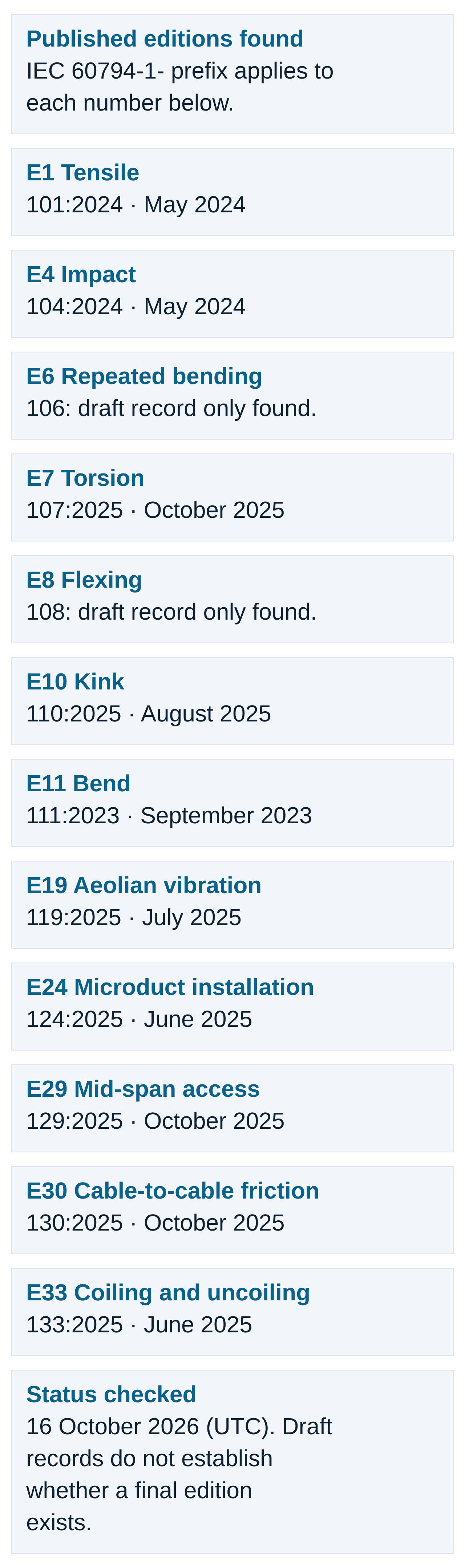 Twelve selected mechanical method numbers; ten published editions found and E6 and E8 found as draft records