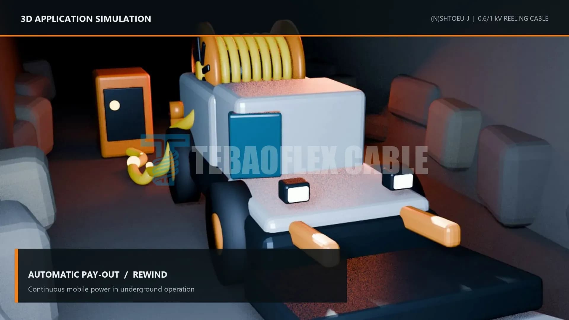 3D simulation of an underground loader with an on-board reel paying out a yellow reeling cable