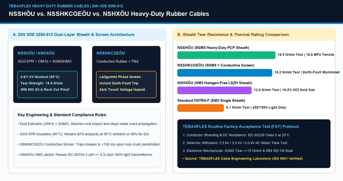Engineering schematic comparing DIN VDE 0250-812 dual-layer sheath and conductive rubber earth screen architectures across NSSHÖU, NSSHKCGEÖU, and NSHXÖU.