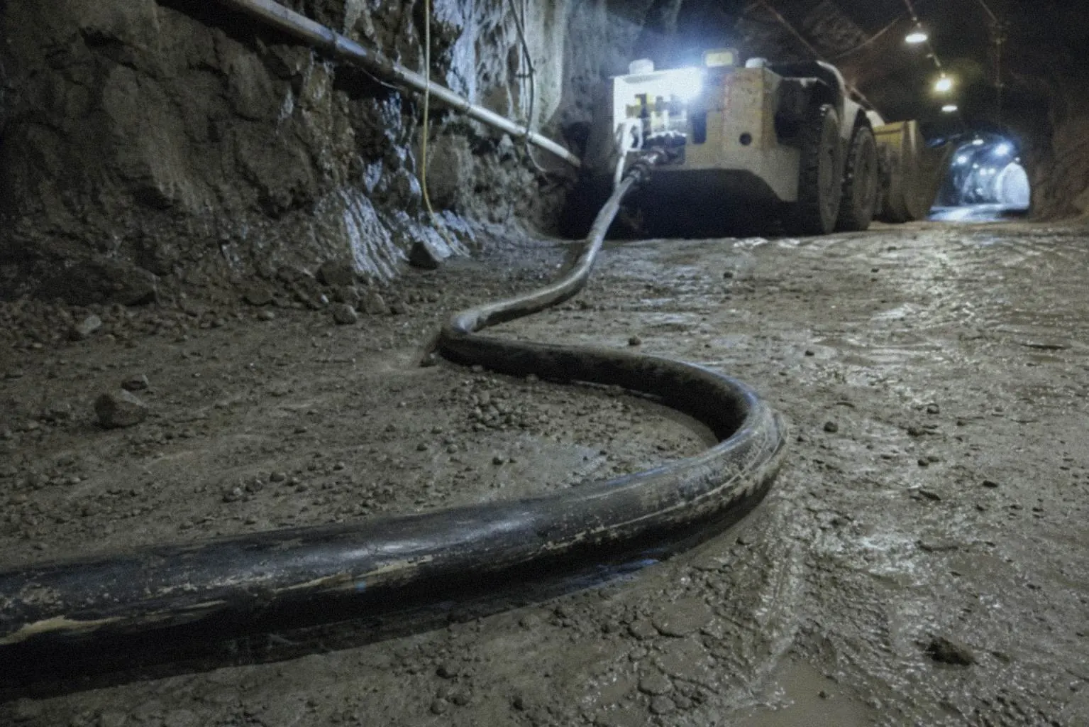 Illustrative underground loader with a trailing-cable route